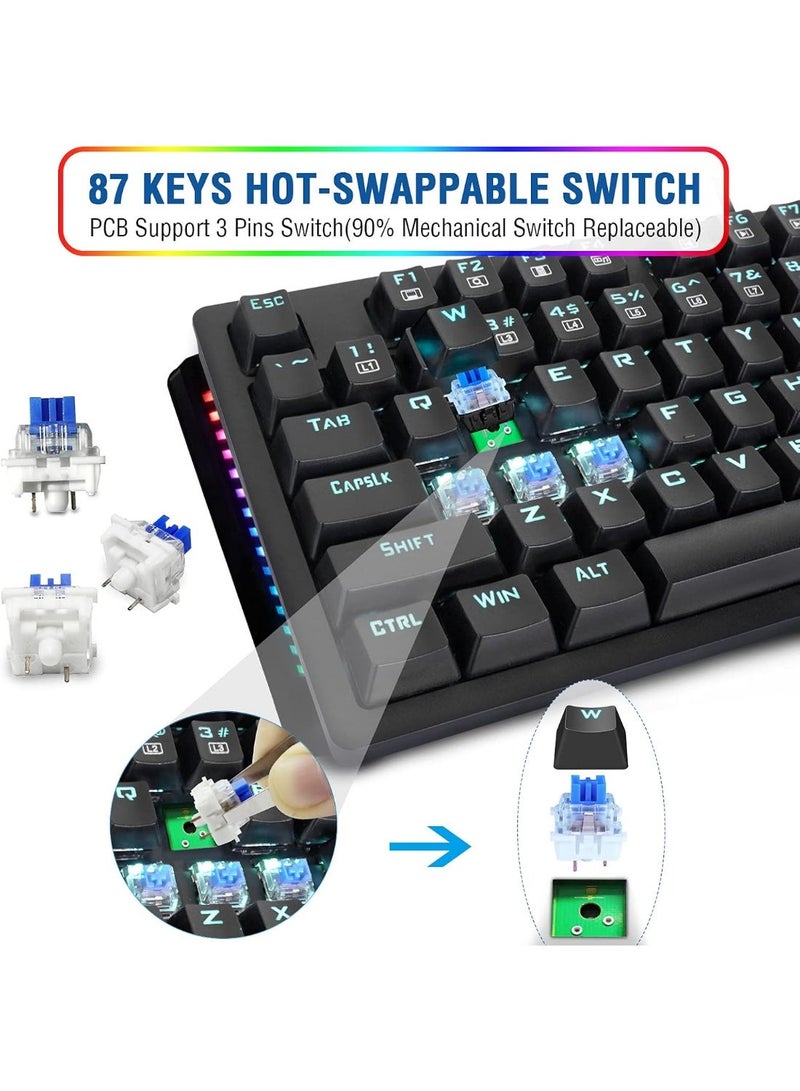 إي-يوسو طقم لوحة مفاتيح وماوس للألعاب، لوحة مفاتيح TKL سلكية USB مزودة بمفاتيح ميكانيكية زرقاء قابلة للتبديل السريع من OUTEMU، باللغة الإنجليزية، 87 مفتاحًا، بإضاءة خلفية زرقاء وإضاءة جانبية RGB، دقة 4000 نقطة في البوصة، ماوس بتصميم خلية النحل + لوحة ماوس | أسود - Image 2